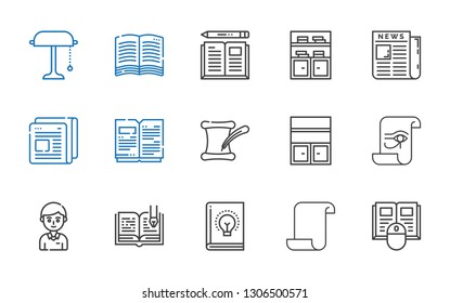 reading icons set. Collection of reading with book, paper, open book, student, bookshelf, literature, newspaper, desk lamp. Editable and scalable reading icons.