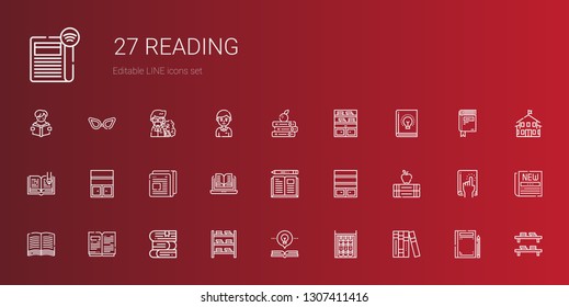 reading icons set. Collection of reading with books, bookshelf, open book, book, newspaper, kindergarten, student, professor, glasses. Editable and scalable reading icons.