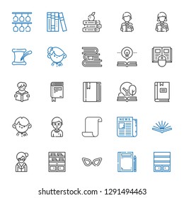 reading icons set. Collection of reading with bookshelf, book, glasses, librarian, open book, newspaper, paper, student, books, literature. Editable and scalable reading icons.