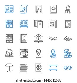 reading icons set. Collection of reading with glasses, bookshelf, book, books, desk lamp, professor, student, open book, phone book, newspaper. Editable and scalable reading icons.