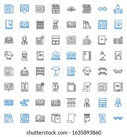 reading icons set. Collection of reading with glasses, paper, book, books, open book, bookshelf, newspaper, phone book, student, desk lamp. Editable and scalable reading icons.