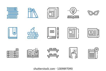 reading icons set. Collection of reading with newspaper, book, bookshelf, open book, books, glasses, library. Editable and scalable reading icons.