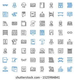 reading icons set. Collection of reading with newspaper, books, bookworm, book, open book, glasses, bookshelf, literature, librarian, desk lamp. Editable and scalable reading icons.