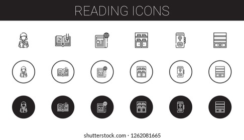 reading icons set. Collection of reading with open book, newspaper, bookshelf, book. Editable and scalable reading icons.