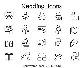 Reading icons set in thin line style