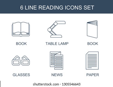 reading icons. Trendy 6 reading icons. Contain icons such as book, table lamp, glasses, news, paper. reading icon for web and mobile.