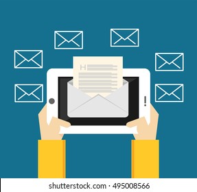 Reading inbox message. Sending and receiving messages from mobile phone or tablet.
