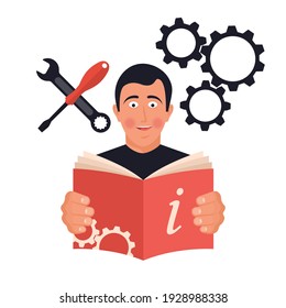 Reading instructions. Happy man with an open book. Mandatory study of the tutorial. Guide for use. Instructions for the equipment. Vector flat design. Isolated on white background.