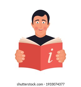 Lesen von Anweisungen. Fröhlicher Mann mit offenem Buch. Pflichtstudie des Tutorials. Gebrauchsanleitung. Anleitung für die Ausrüstung. Vektorflachdesign. Einzeln auf weißem Hintergrund.