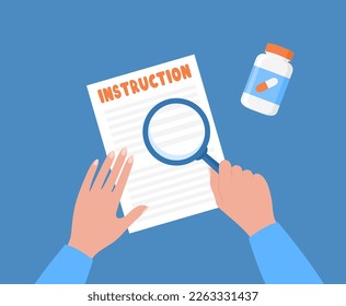 Reading the instructions for medicines or supplements. Hand with magnifying glass, paper instruction and a jar with pills. Vector illustration in flat style