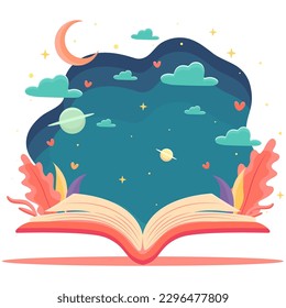 Reading an interesting book, the concept of immersion in the world of books, interesting stories, World Book Day, Children's Book Day, Cartoon illustration, Poster, banner, postcard, background 