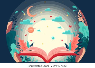 Reading an interesting book, the concept of immersion in the world of books, interesting stories, World Book Day, Children's Book Day, Cartoon illustration, Poster, banner, postcard, background 