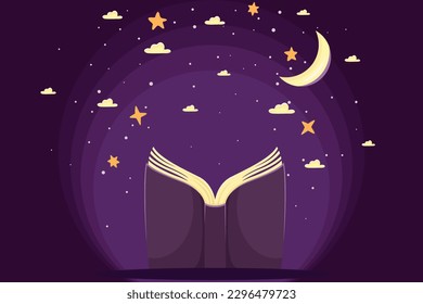 Reading an interesting book, the concept of immersion in the world of books, interesting stories, World Book Day, Children's Book Day, Cartoon illustration, Poster, banner, postcard, background 