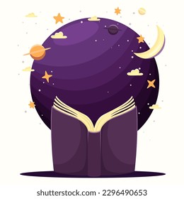 Reading an interesting book, the concept of immersion in the world of books, interesting stories, World Book Day, Children's Book Day, Cartoon illustration, Poster, banner, postcard, background 