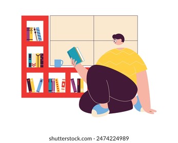 Reading an interesting book in the library with pleasure, vector illustration.