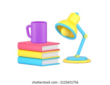 Reading interesting books with coffee tea mug and table lamp enjoying favorite educational hobby 3d icon vector illustration. Time for yourself or learning literature textbook stack library knowledge