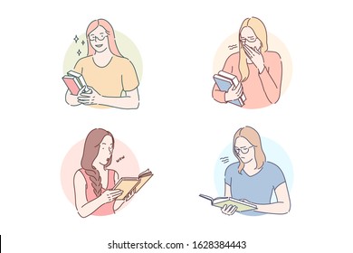 Reading interesting or boring book set concept. Woman yawns, reading boring journal. Bored girl reads book. Female has interesting magazine. Student studies tutorial with interest. Simple flat vector