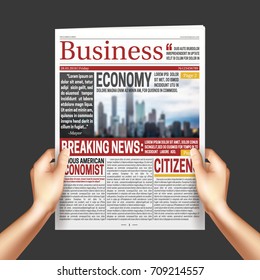 Reading International economy business news poster with hands holding newspaper on dark background realistic vector illustration 