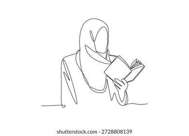 Reading Islamic Book Quietly. Activity in Ramdhan Concept. Single line draw design. Vector graphic illustration
