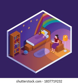 Reading isometric composition with view of childrens bedroom with mother reading out book to her child vector illustration