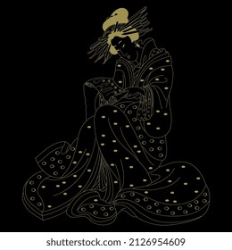 Reading Japanese woman in kimono. Traditional vintage style. Black and gold negative silhouette. Isolated vector illustration.