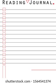 Reading journal blank template for bullet journal, planner, scrapbooking do it yourself notepad. Decorated with red elements and bookmarks. Printable vector. Triangle and dot. Minimal style.
