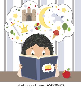 Reading kid vector illustration. Child reading a book and and dreaming about adventures, unicorns, castle, swords. Vector illustration 