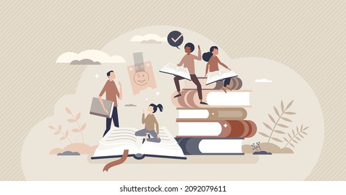 Reading kids with educational books for knowledge growth tiny person concept. Children library for school, expand mind horizons and imagination development vector illustration. Pupil study process.