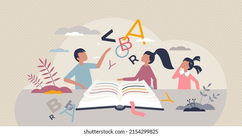 Reading Kids With Educational Study Books For Knowledge Growth Tiny Person Concept. ABC Book Learning For Primary School Or Elementary Vector Illustration. Pupil Homework And Child Curiosity Process.