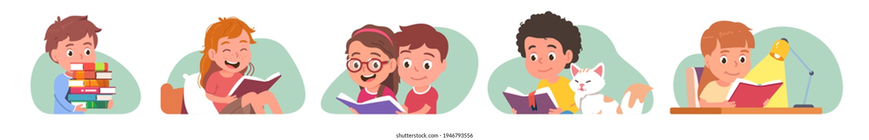 Reading kids set. Student people study. Boy, girl enjoy literature, books, education, do homework reading. Happy children hold paper book together, at home, desk, in bed. Vector character illustration