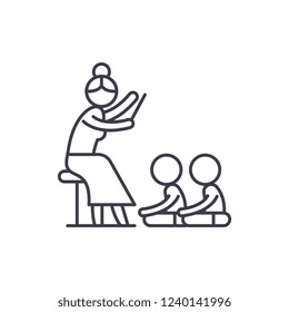 Reading in kindergarten line icon concept. Reading in kindergarten vector linear illustration, symbol, sign