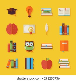 Reading Knowledge and Books Objects Set with Shadow. Flat Style Vector Illustrations. Back to School. Science and Education Set. Collection of Objects over Yellow Background