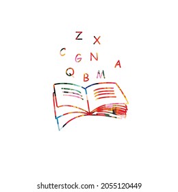 Reading, knowledge, education concept. Colorful inspirational open book and alphabet letters isolated vector. Design for library, literature, university, school, courses, lessons, classes