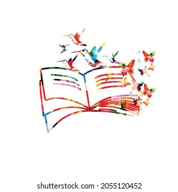 Reading, knowledge, education concept. Colorful open book with butterflies and hummingbirds isolated. Design for library, literature, university, school, courses, lessons, classes. Vector illustration