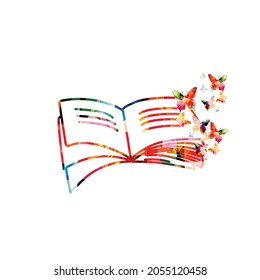 Reading, knowledge, education concept. Colorful inspirational open book with butterflies isolated. Design for library, literature, university, school, courses, lessons, classes. Vector illustration