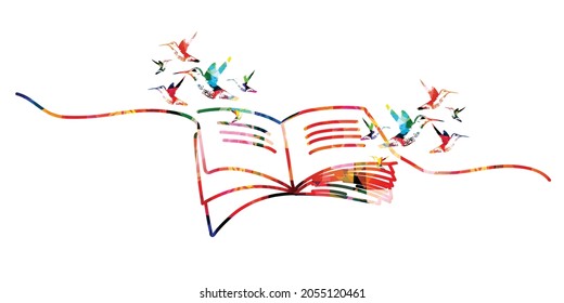 Reading, knowledge, education concept. Colorful inspirational open book with hummingbirds isolated. Design for library, literature, university, school, courses, lessons, classes. Vector illustration