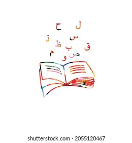 Reading, Knowledge, Education Concept. Colorful Inspirational Open Book And Arabic Alphabet Letters Isolated Vector. Design For Library, Literature, University, School, Courses, Lessons, Classes