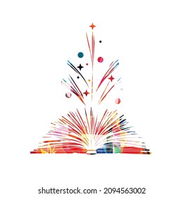 Reading, knowledge, education concept. Colorful inspirational open book isolated. Design for library, literature, university, school, courses, lessons, classes. Vector illustration