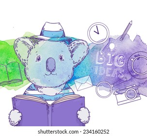 Reading koala bear with big book thinking about big inspiration ideas, freelance symbol icons around animal on abstract watercolor background. Vector illustration
