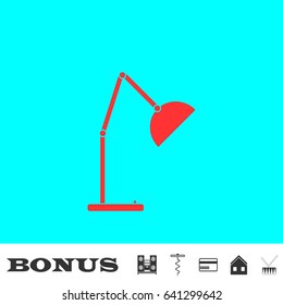 Reading lamp icon flat. Red pictogram on blue background. Vector illustration symbol and bonus buttons Music center, corkscrew, credit card, house, drum