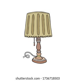 Reading lamp with retro wood stand, electric and vintage desk accessories, hand drawn illustration. Office yellow and brown furniture and must have equipment that illuminate workspace pen drawing art.