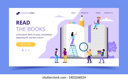 Reading landing page, small people characters  around big book. Concept illustration for education, books, university, student, research. Vector illustration in flat style