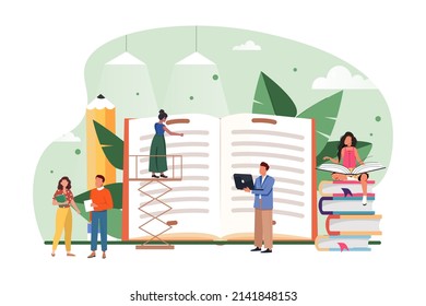 Leyendo la página de inicio, pequeños personajes, estudiantes en torno a grandes libros gigantes. Ilustración conceptual para la educación, amantes de libros, lectores, universidad, estudiante, investigación.  Ilustración vectorial plana.