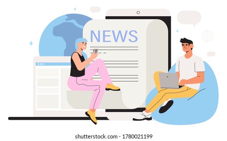 Reading latest or hot news online on smartphone or laptop. Modern business young men and women use news application on mobile phones and laptop. Flat design vector graphic style illustration.