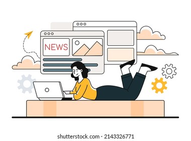 Reading latest or hot news online concept. Young beautiful woman lies on bed and checks news in special application or on website. Gossip or information. Cartoon contemporary flat vector illustration