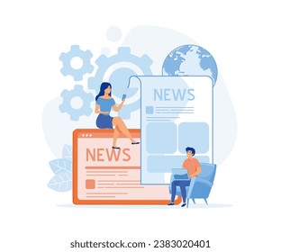 Reading latest or hot news online on smartphone or laptop, business young men and women use news application on mobile phones and laptop, flat vector modern illustration