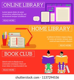 Reading and learning process horizontal banners set with online and home library and people with big open books - flat vector illustration of literary leisure and education concept.