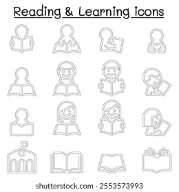 Reading , Learning , Studying icon set in thin line style