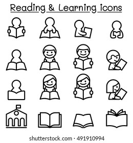 Reading , Learning , Studying icon set in thin line style