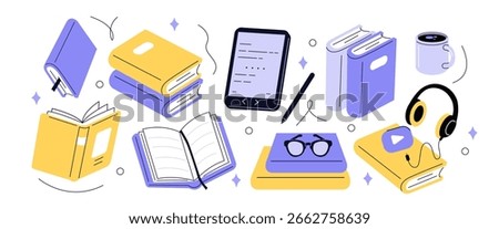 Reading, learning, studying set. Paper books, ebook, audiobook and other library items. Education concept. Vector illustration.